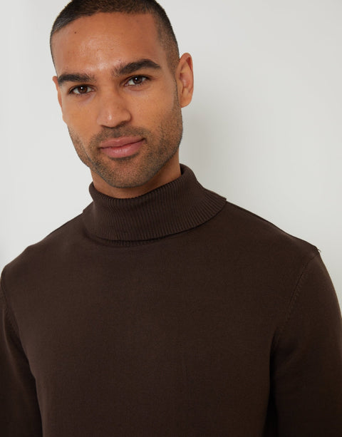 Threadbare Knitted Roll Neck Jumper in Brown - front view close up