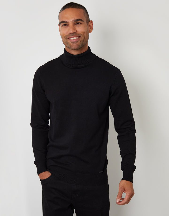 Threadbare Knitted Roll Neck Jumper in Black - front view