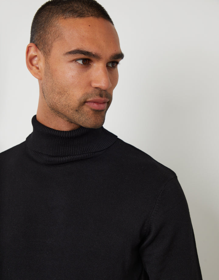 Threadbare Knitted Roll Neck Jumper in Black - front view close up