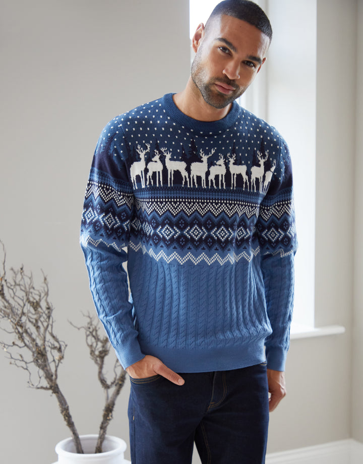 Blue Cable Knit Fairisle Crew Neck Christmas Jumper