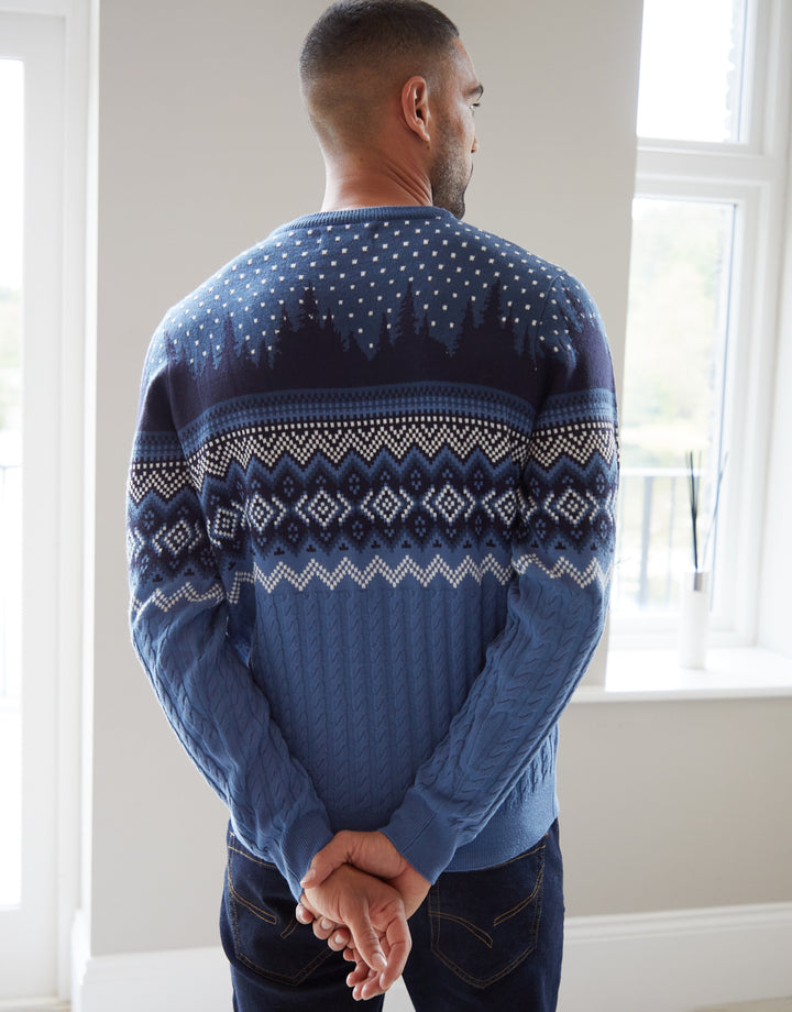 Blue Cable Knit Fairisle Crew Neck Christmas Jumper