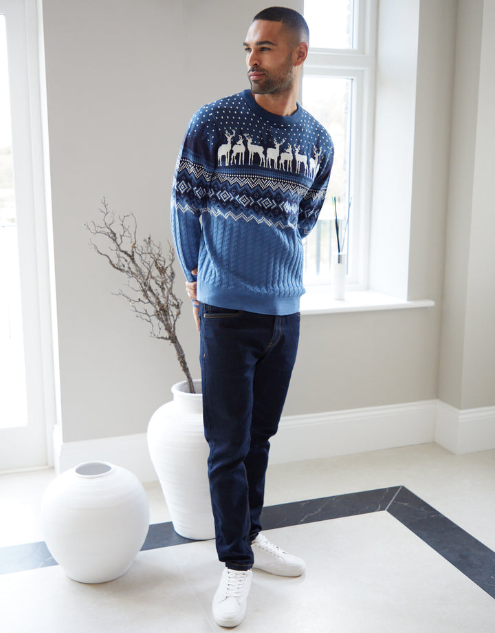 Blue Cable Knit Fairisle Crew Neck Christmas Jumper