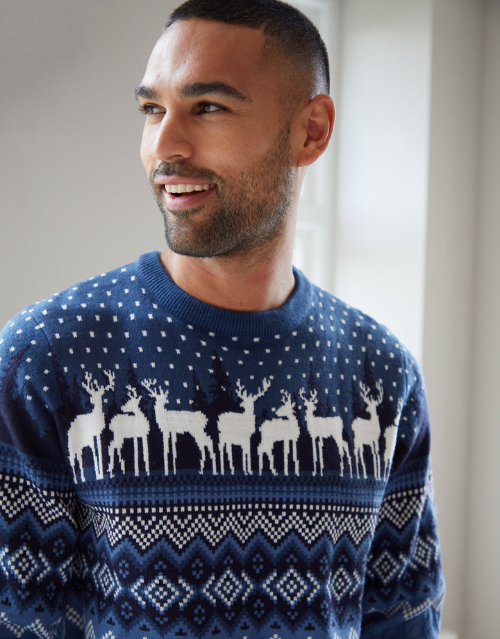 Blue Cable Knit Fairisle Crew Neck Christmas Jumper