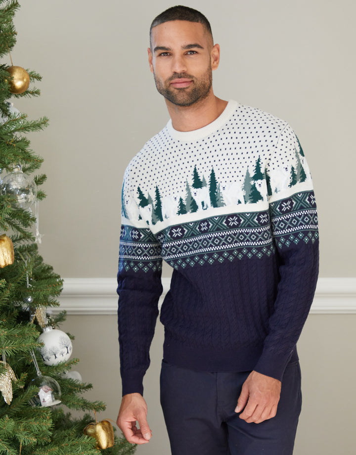 Navy Cable Knit Fairisle Christmas Jumper