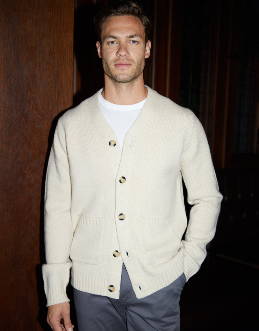 Ecru Knitted V-Neck Cardigan