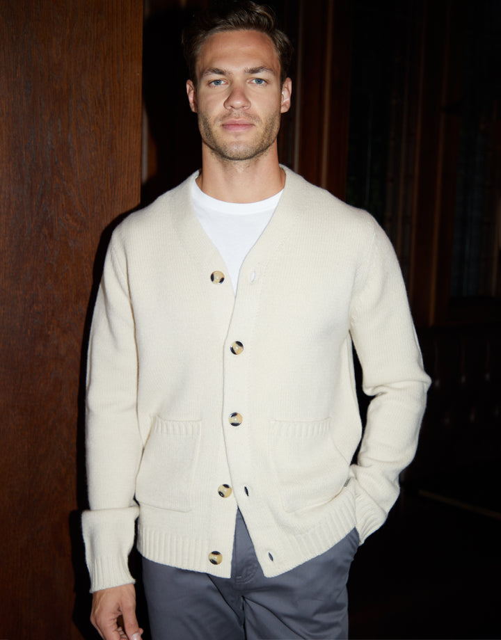 Ecru Knitted V-Neck Cardigan