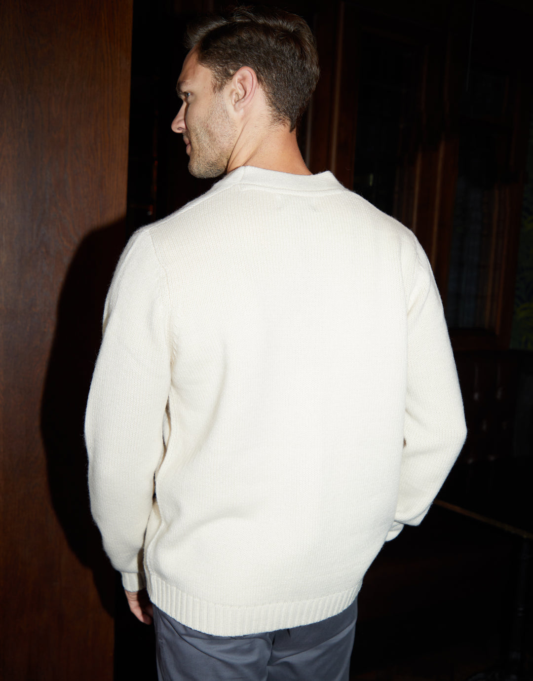 Ecru Knitted V-Neck Cardigan