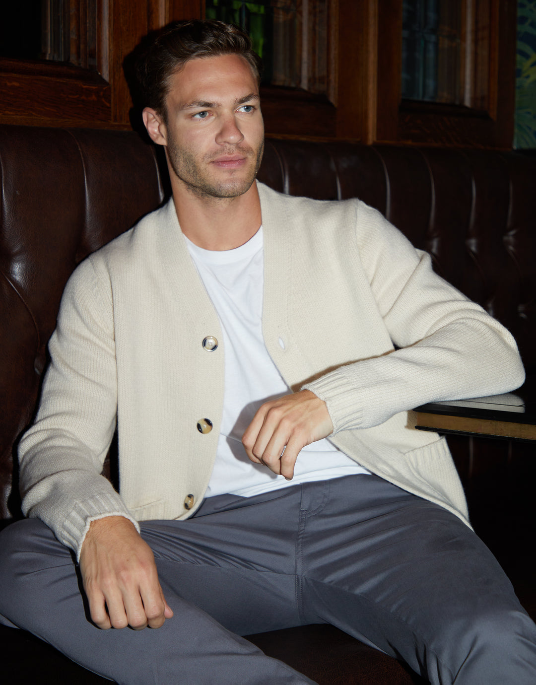 Ecru Knitted V-Neck Cardigan