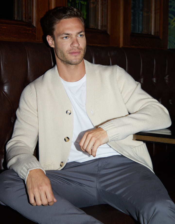 Ecru Knitted V-Neck Cardigan