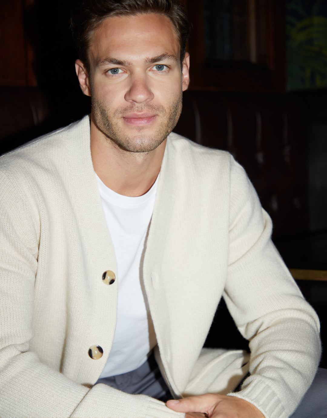 Ecru Knitted V-Neck Cardigan