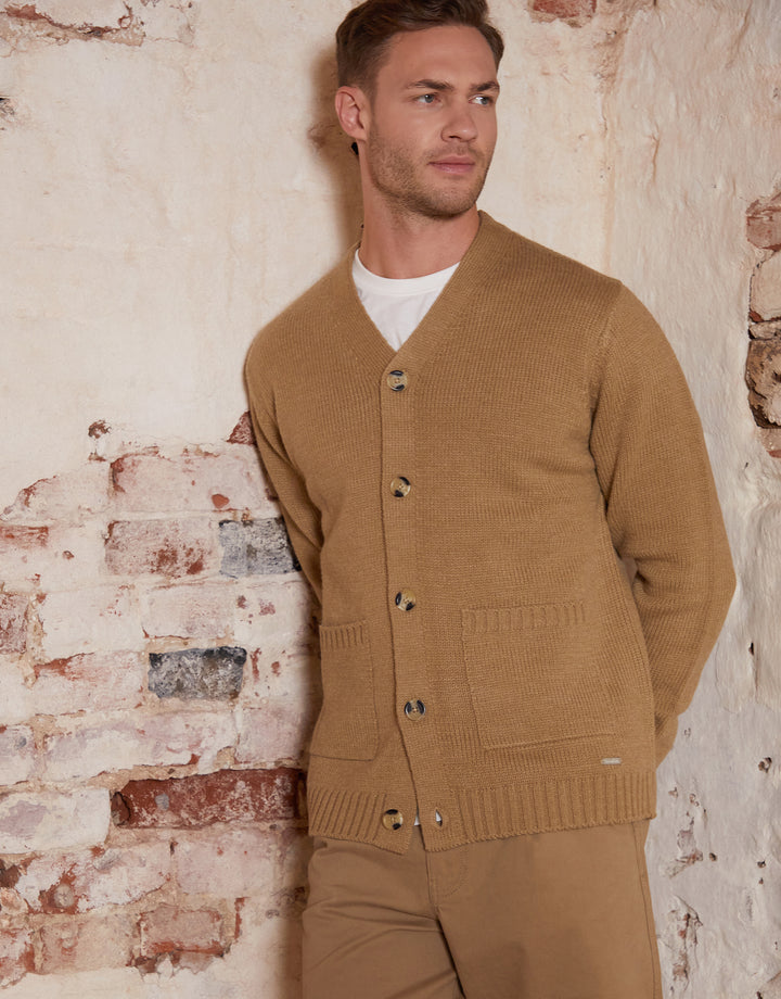 Beige Knitted V-Neck Cardigan