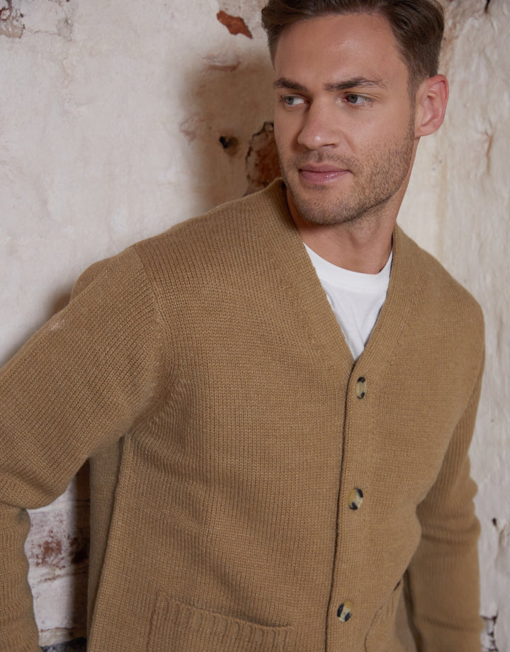 Beige Knitted V-Neck Cardigan