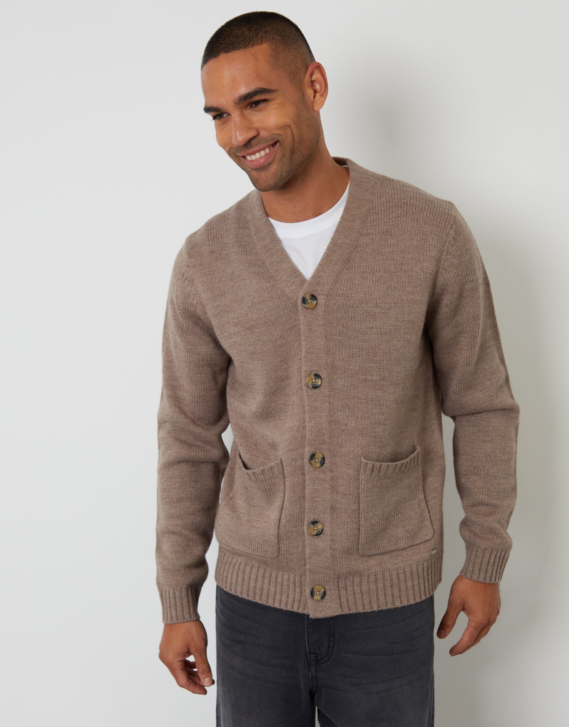 Knitted V-Neck Cardigan in Taupe