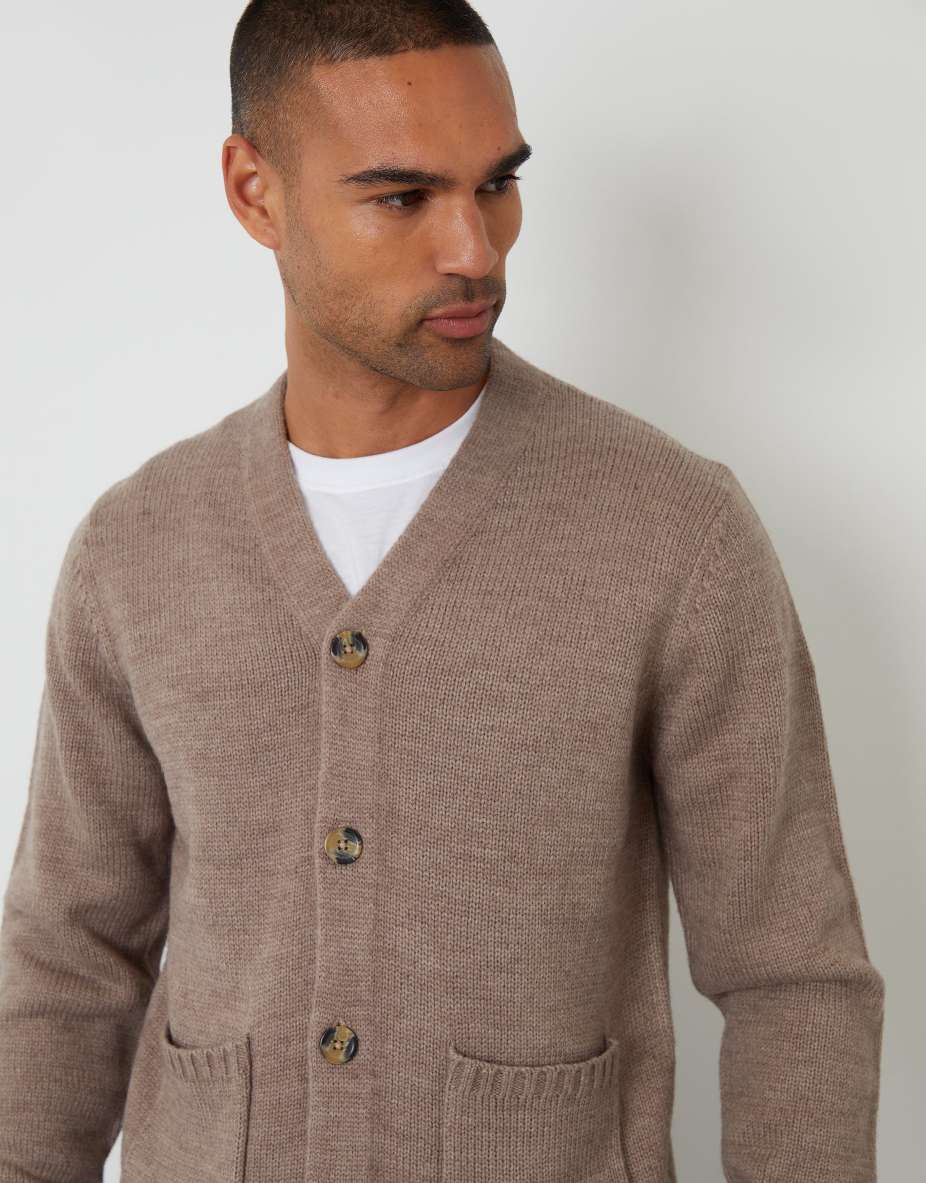 Threadbare Men's Taupe Knitted V-Neck Cardigan