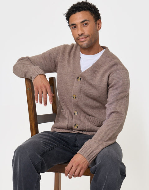 Threadbare Knitted V-Neck Cardigan in Cream - sat down