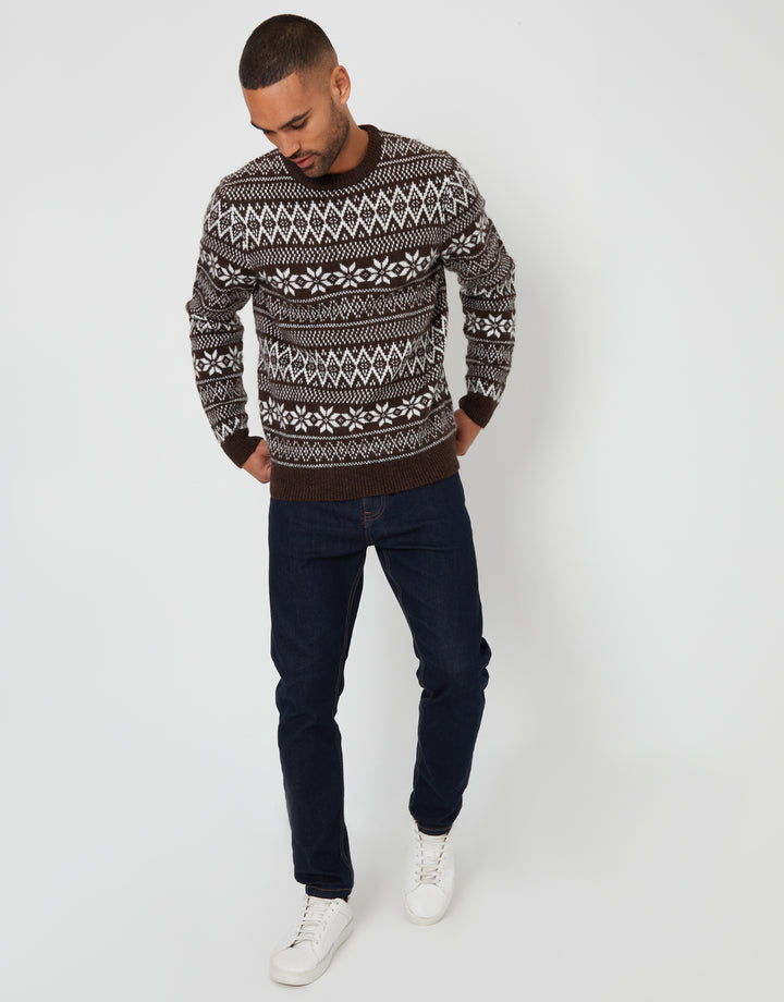 Brown Christmas Fairisle Crew Neck Jumper