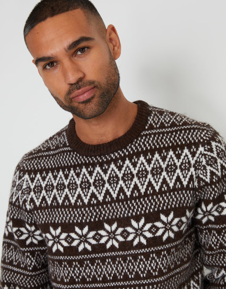 Brown Christmas Fairisle Crew Neck Jumper