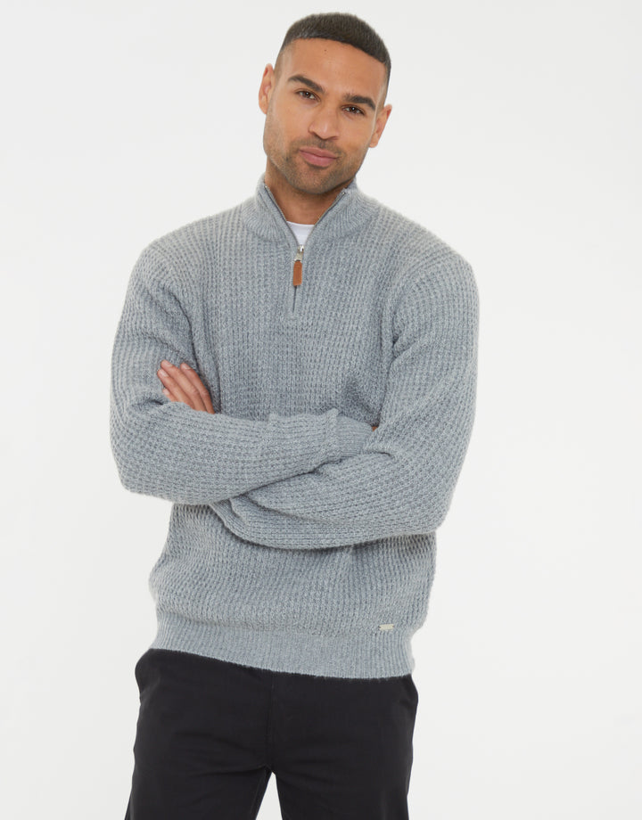 Grey Waffle Knit Quarter Zip Jumper