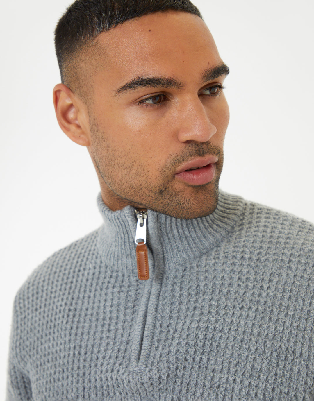 Grey Waffle Knit Quarter Zip Jumper