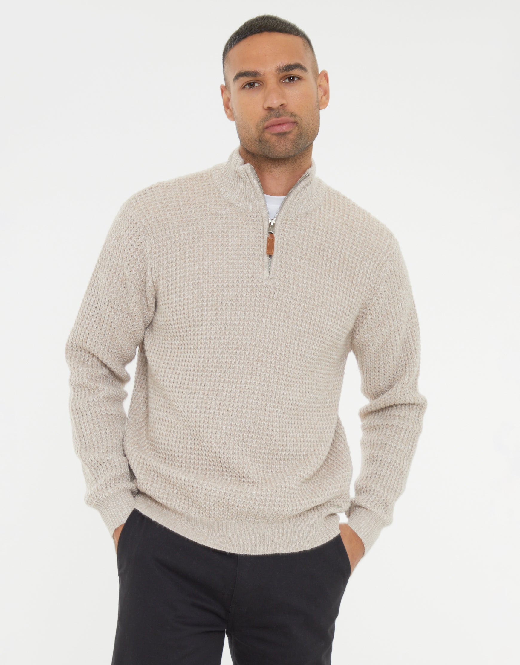 Threadbare Men's Beige Waffle Knit Quarter Zip Jumper