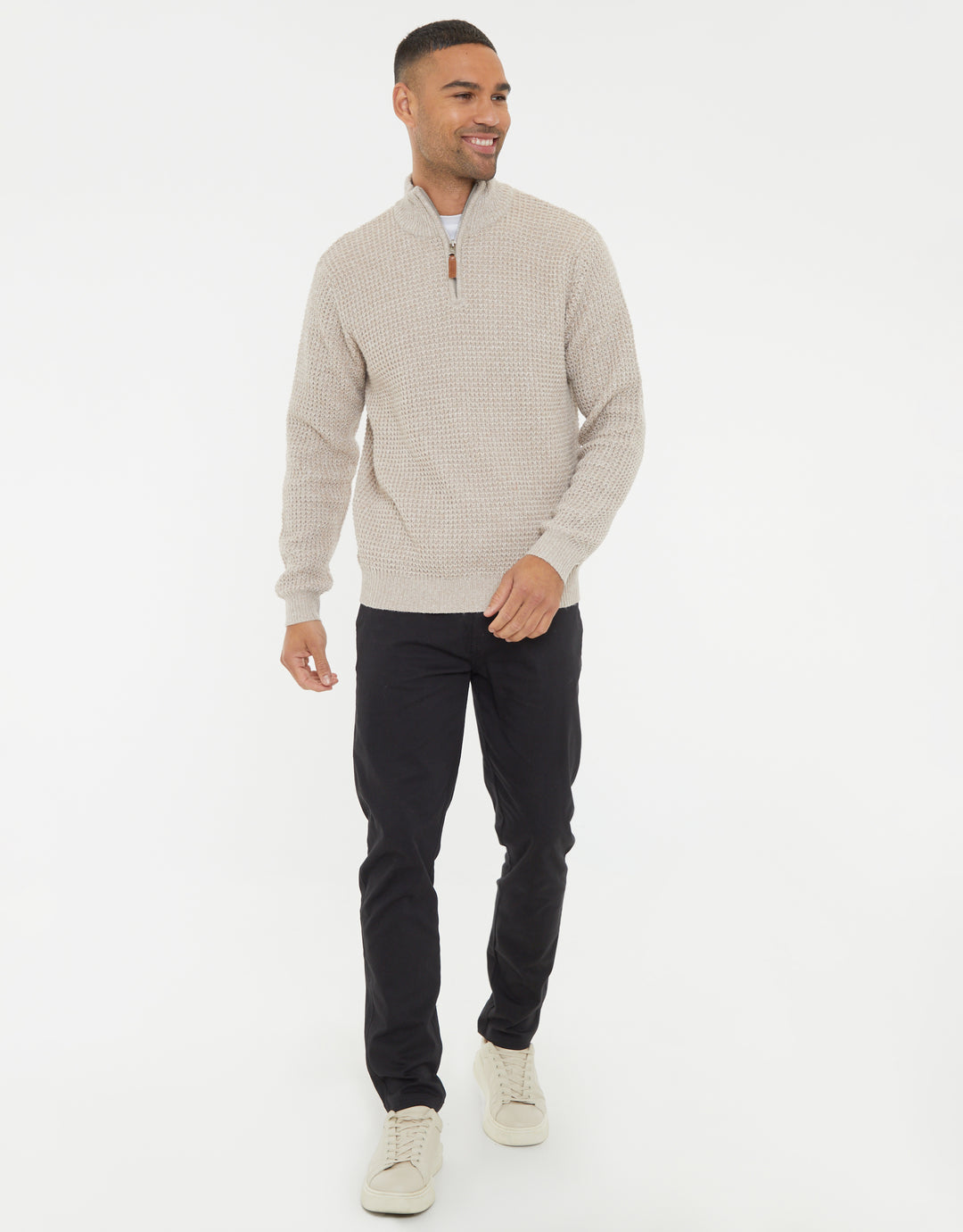 Beige Waffle Knit Quarter Zip Jumper