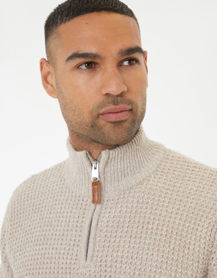 Beige Waffle Knit Quarter Zip Jumper