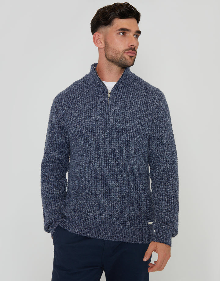 Denim Blue Waffle Knit Quarter Zip Jumper
