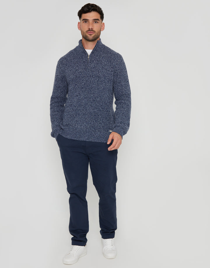 Denim Blue Waffle Knit Quarter Zip Jumper