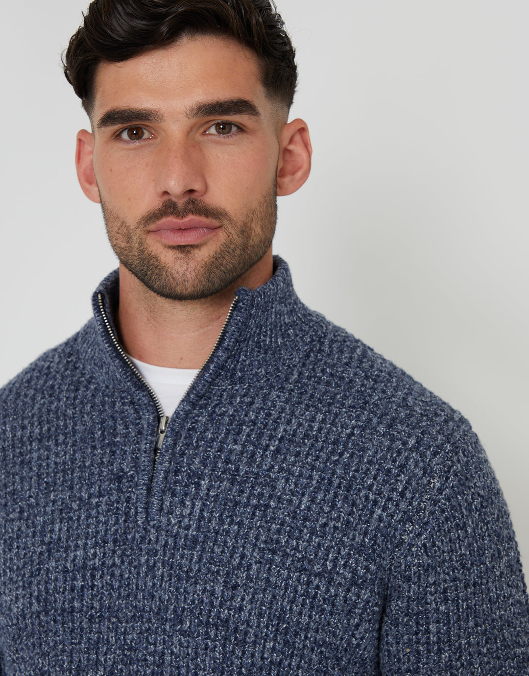 Denim Blue Waffle Knit Quarter Zip Jumper