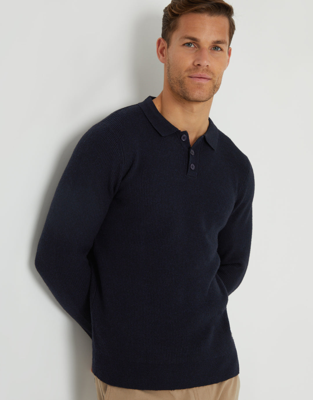Navy Knitted Long Sleeve Polo Jumper