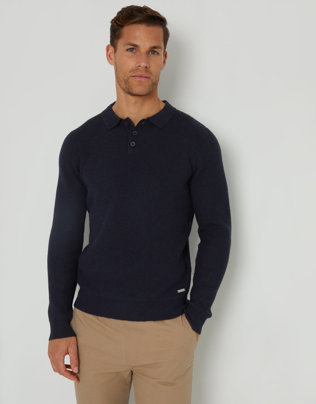 Navy Knitted Long Sleeve Polo Jumper