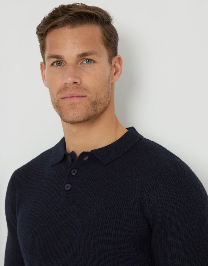 Navy Knitted Long Sleeve Polo Jumper
