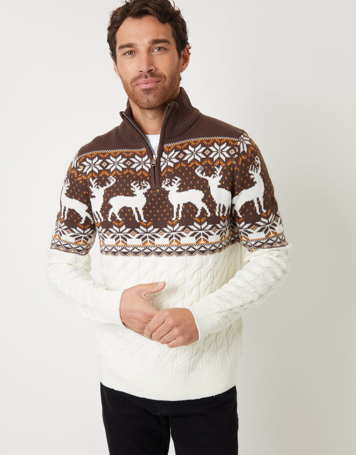 Ecru Fairisle Cable Knit Quarter Zip Jumper