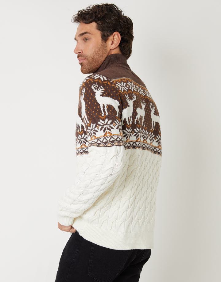 Ecru Fairisle Cable Knit Quarter Zip Jumper