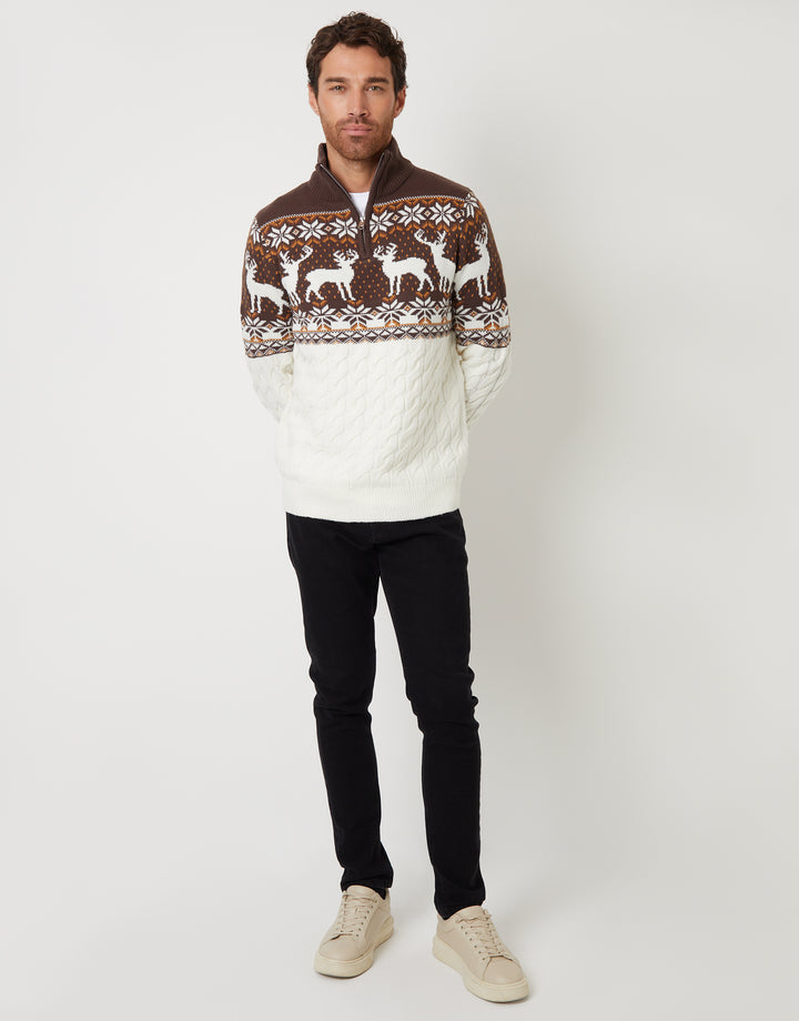 Ecru Fairisle Cable Knit Quarter Zip Jumper