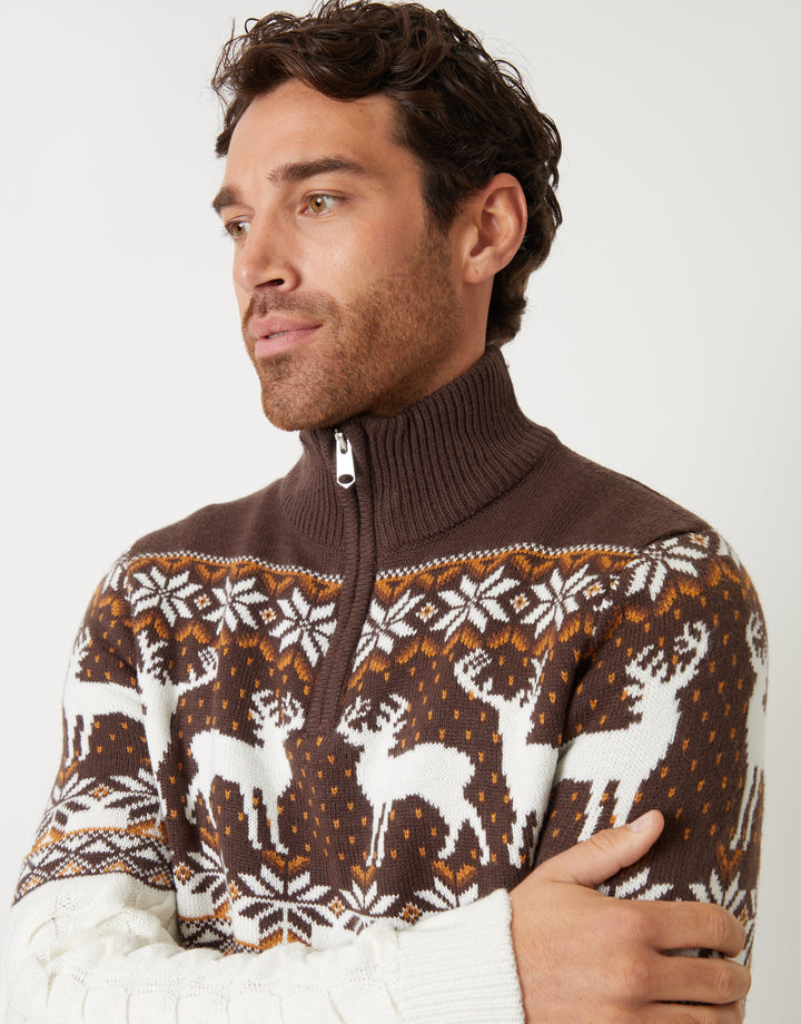 Ecru Fairisle Cable Knit Quarter Zip Jumper
