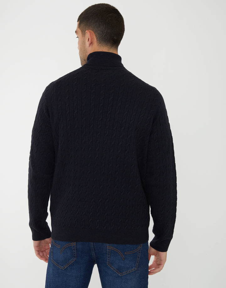 Navy Cable Knit Roll Neck Jumper