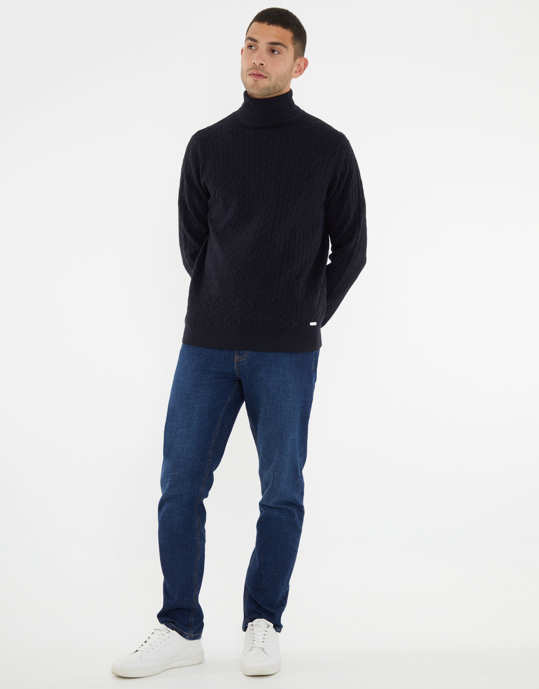 Navy Cable Knit Roll Neck Jumper