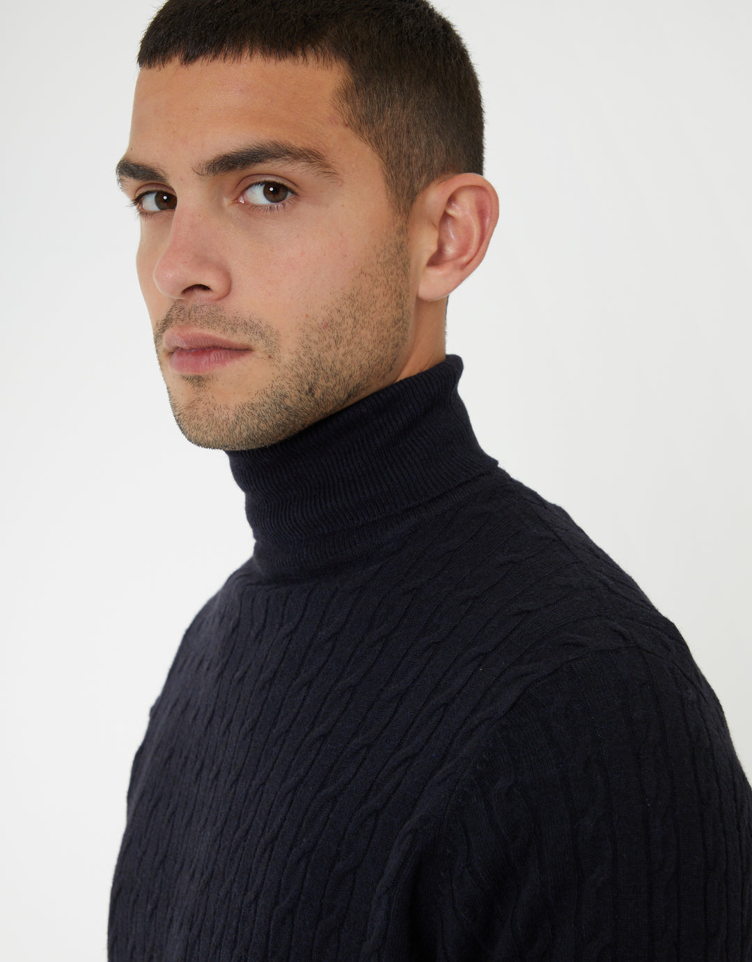 Navy Cable Knit Roll Neck Jumper