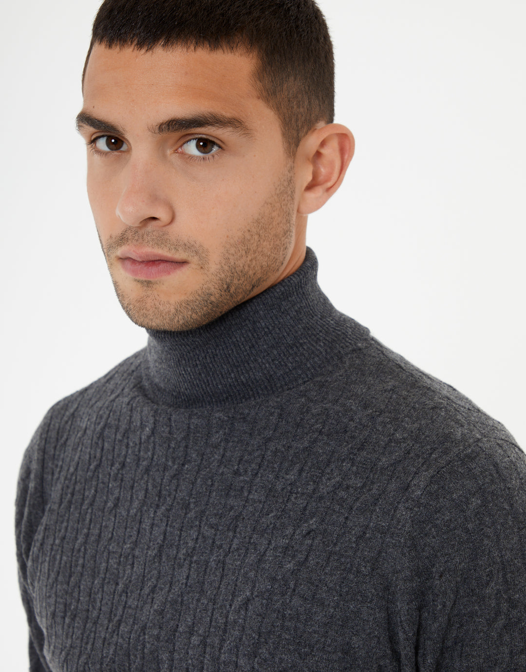 Charcoal Grey Marl Cable Knit Roll Neck Jumper