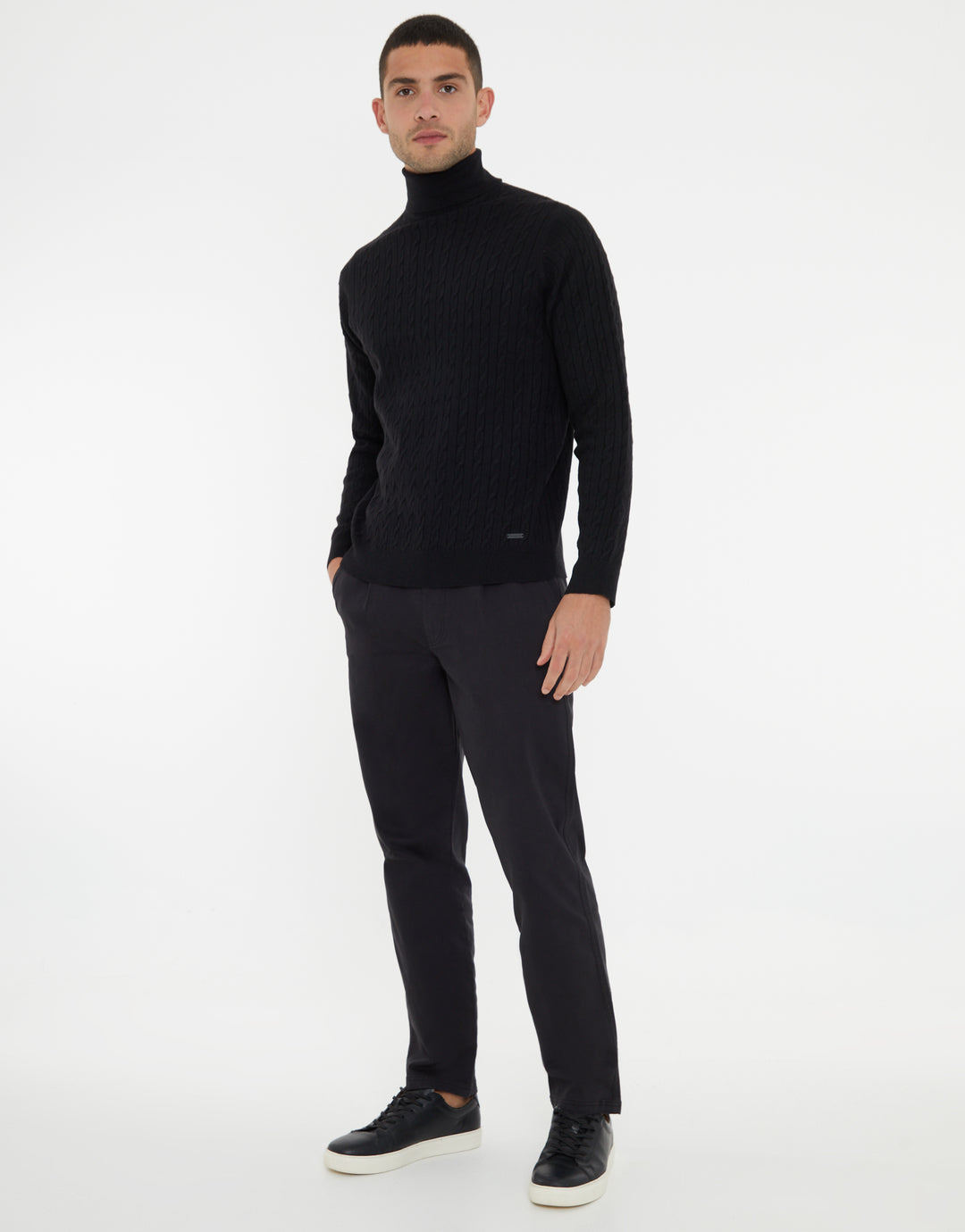 Black Cable Knit Roll Neck Jumper