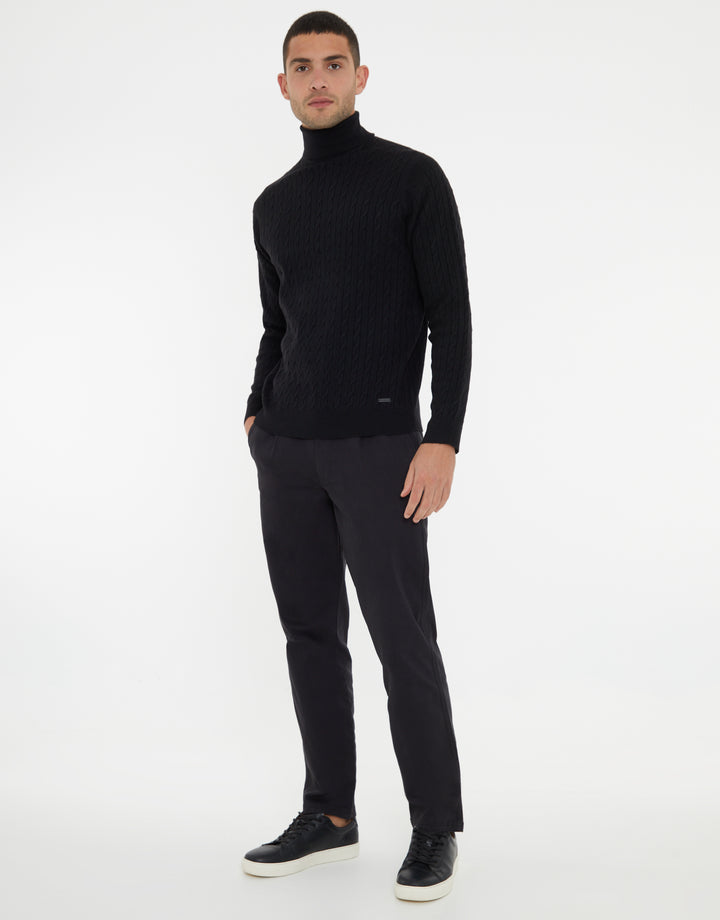 Black Cable Knit Roll Neck Jumper