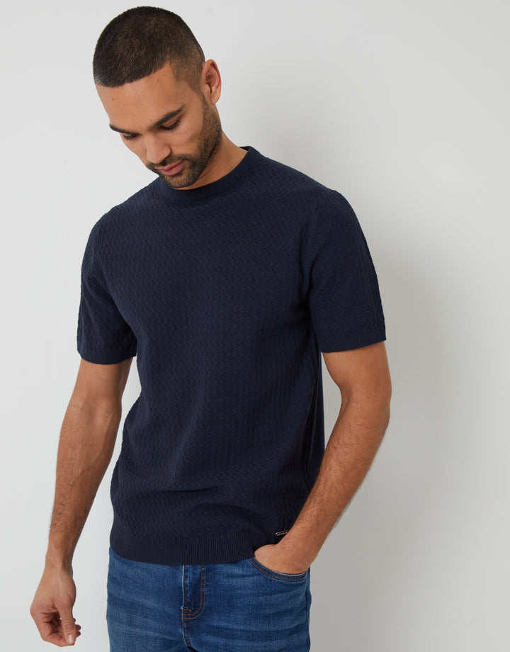 Navy Textured Front Knitted T-Shirt