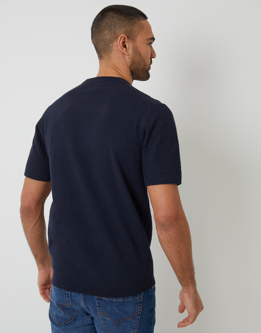 Navy Textured Front Knitted T-Shirt