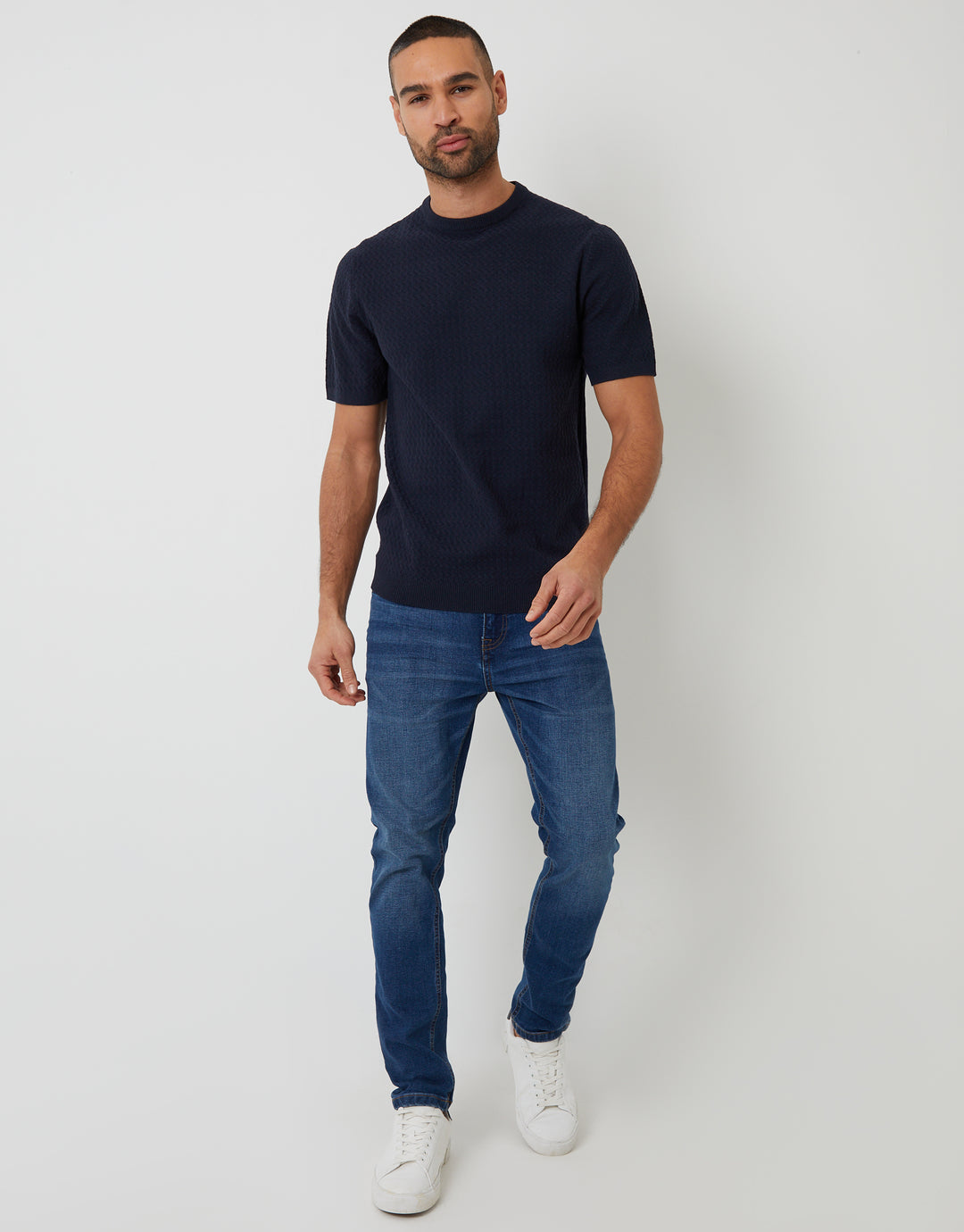 Navy Textured Front Knitted T-Shirt