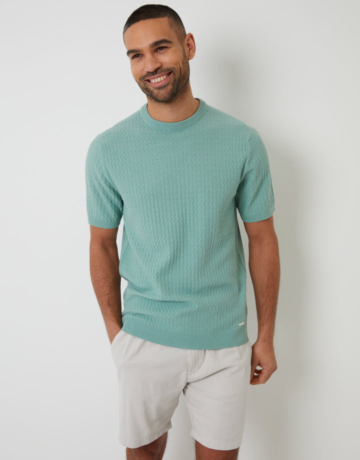 Sage Green Textured Front Knitted T-Shirt