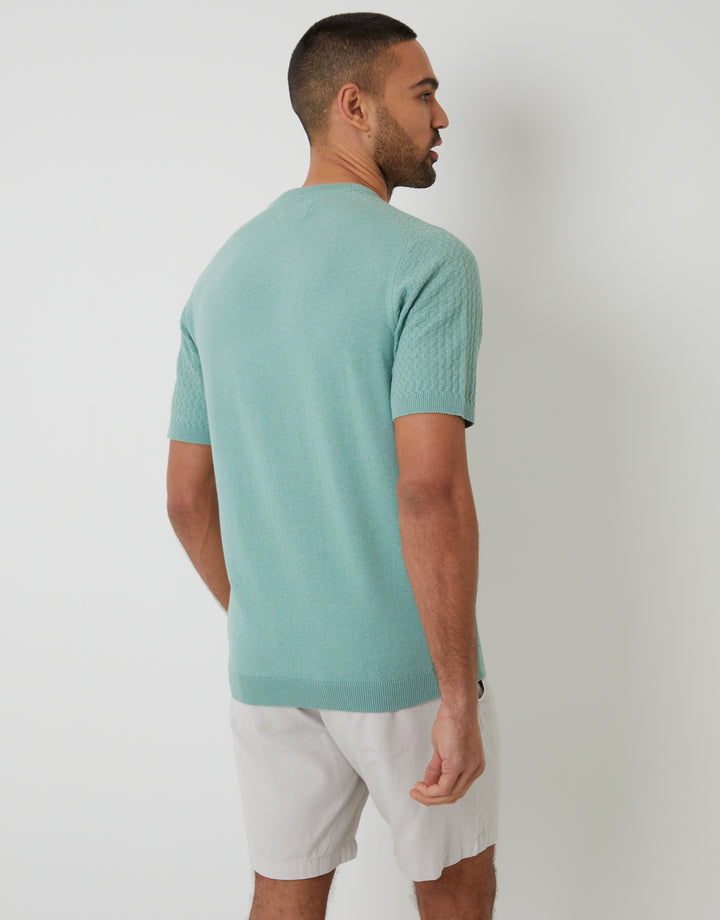 Sage Green Textured Front Knitted T-Shirt