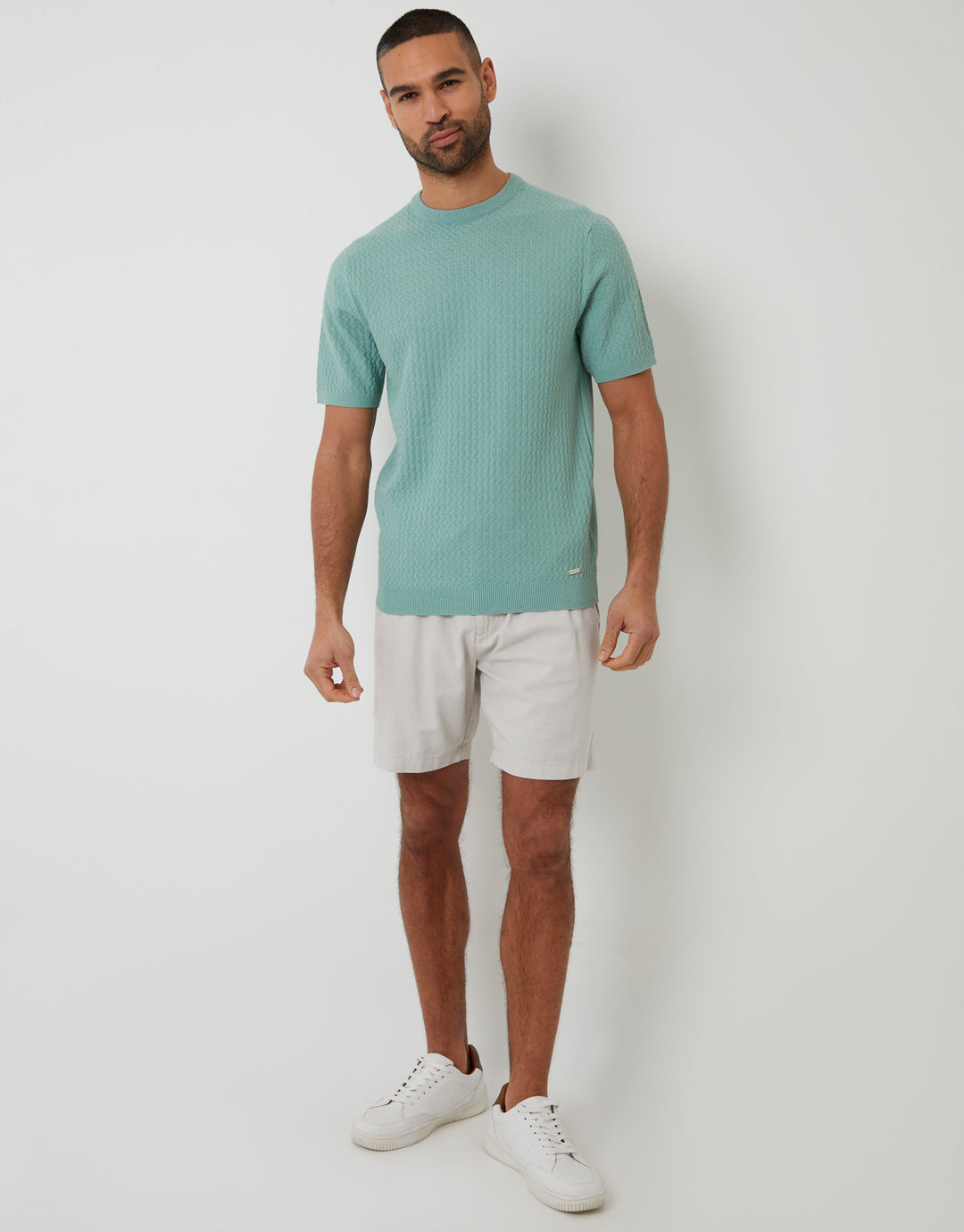 Sage Green Textured Front Knitted T-Shirt