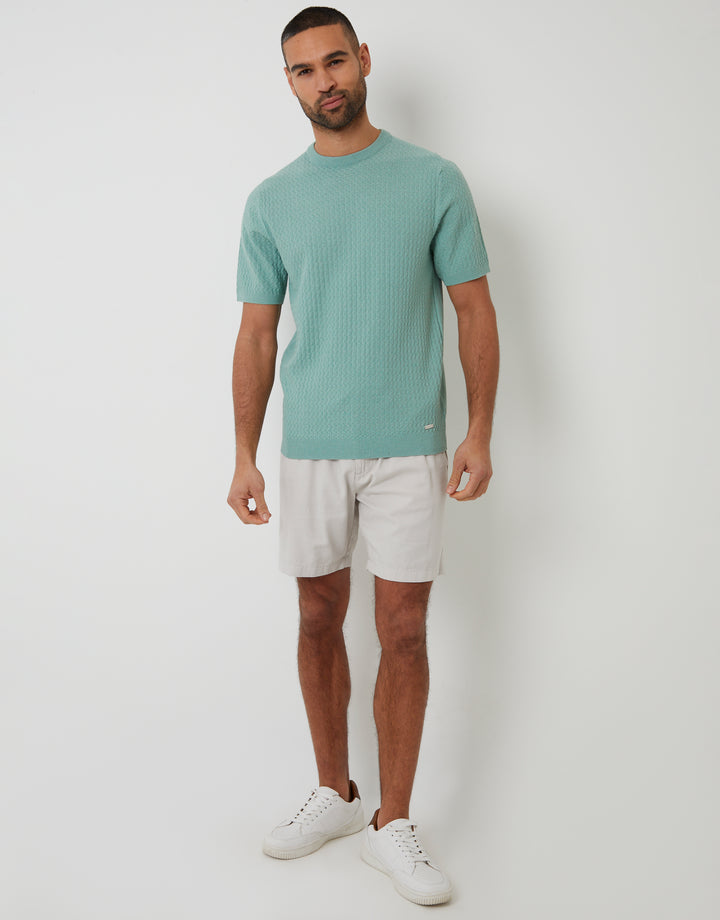 Sage Green Textured Front Knitted T-Shirt