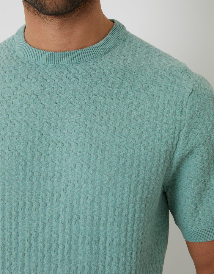 Sage Green Textured Front Knitted T-Shirt